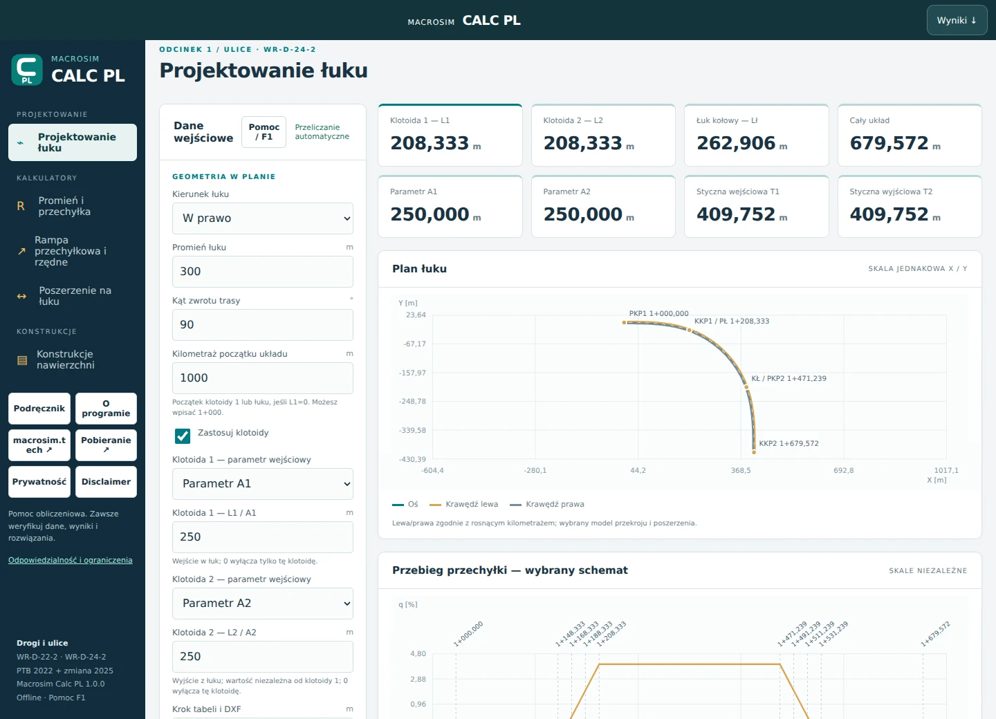 Geometria łuku z dwiema klotoidami — dane wejściowe i rysunek układu.